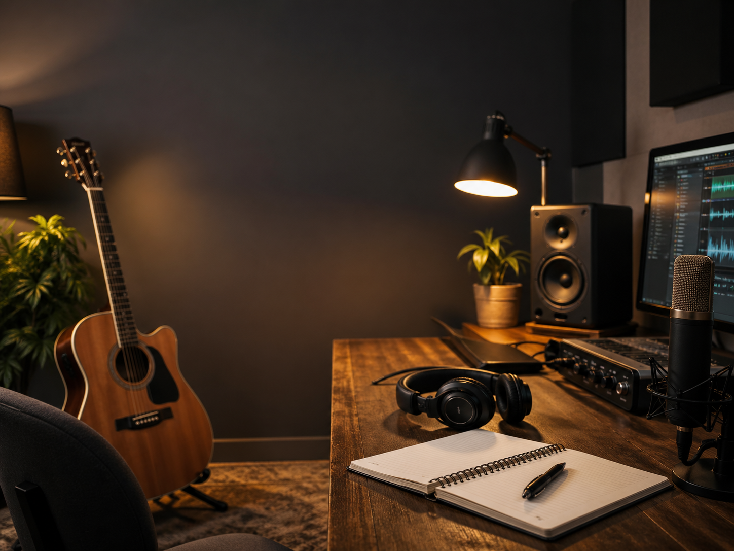 Rincón de trabajo de producción musical con guitarra, cuaderno y auriculares.