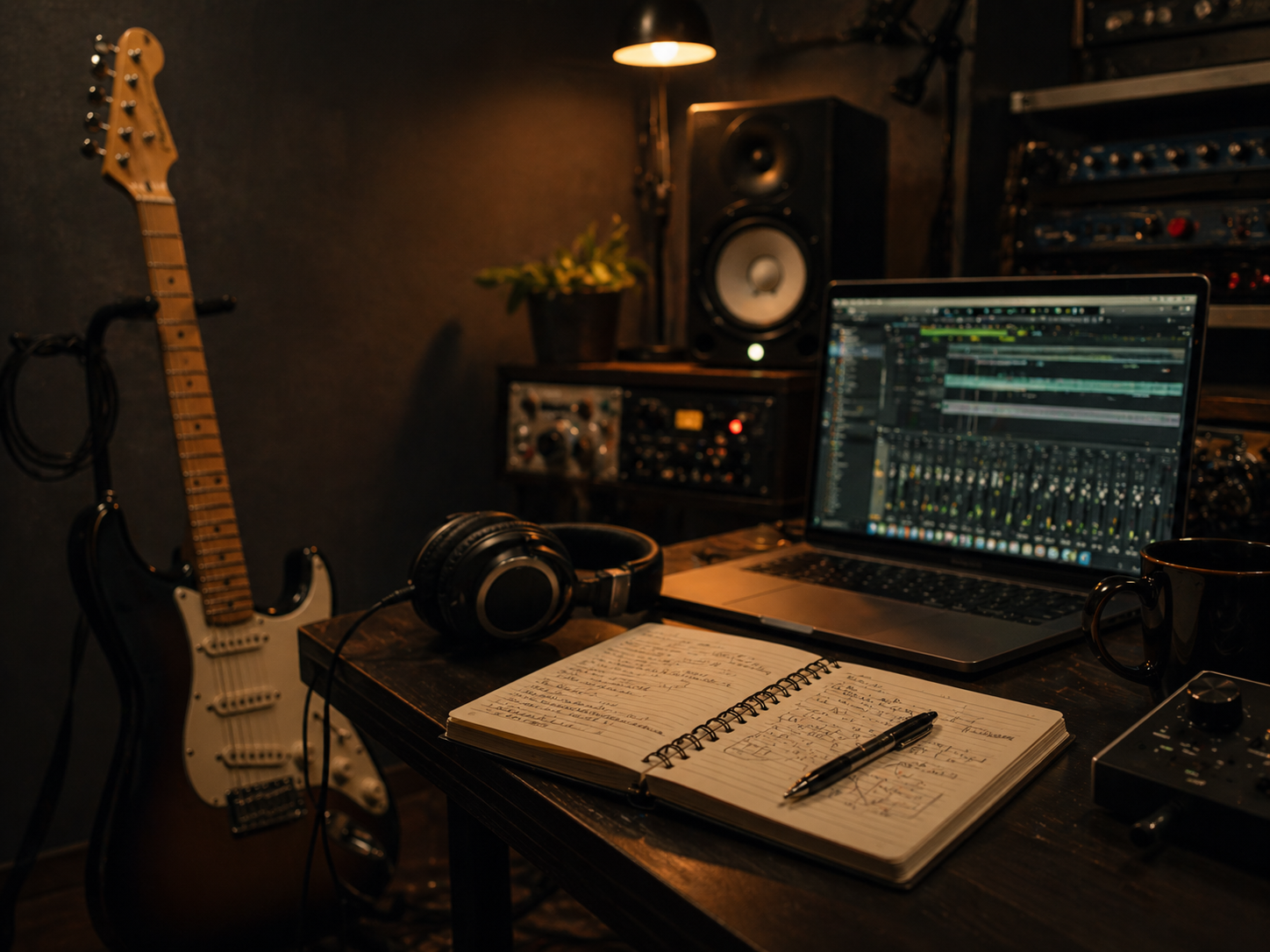 Detalle de guitarra, auriculares y cuaderno de notas en un entorno de producción musical.