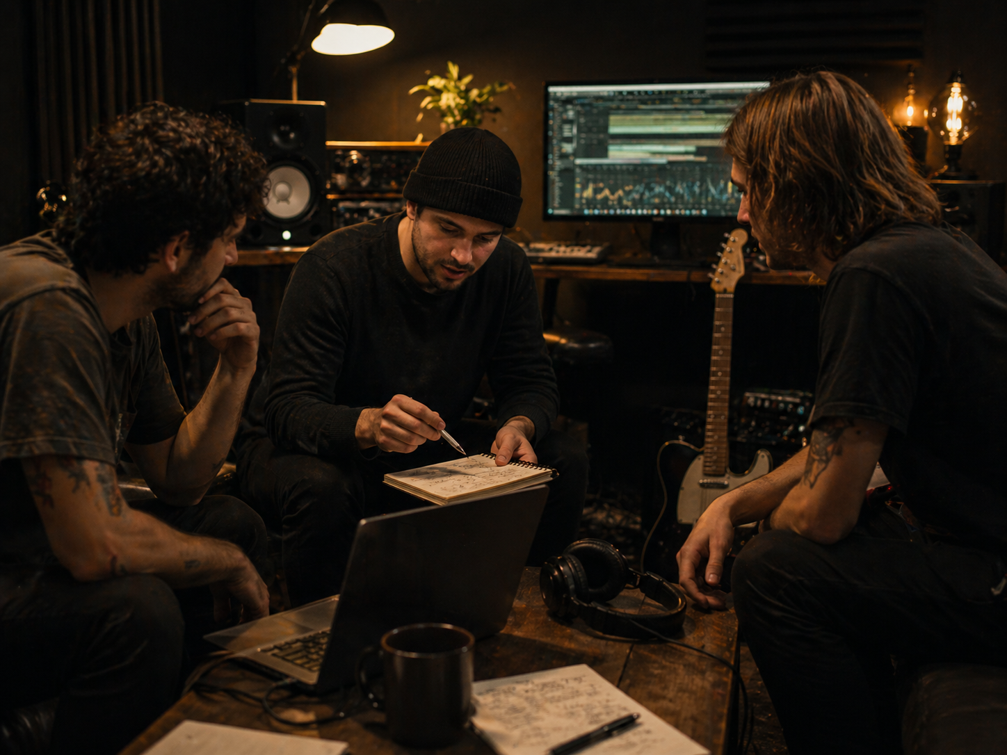 Productor musical revisando ideas con miembros de una banda en un entorno de trabajo cercano.